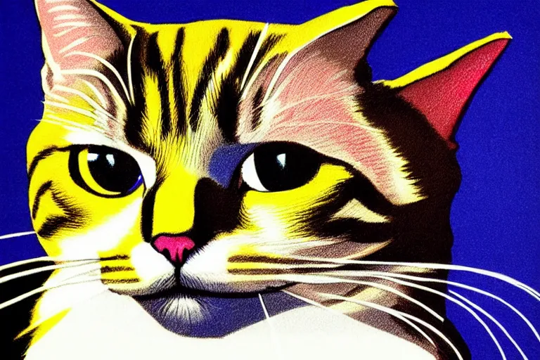 Image similar to color sketch of cat portrait, highly detailed, dramatic lighting, intense shadows, rich deep colours, by roy lichtenstein