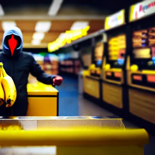 Image similar to a masked man at a self checkout stealing a banana, trending on artstation, depth field, unreal engine, cinematic, hyper realism, high detail, octane cinema 4 d render, a 2 4 cinematography, 8 k