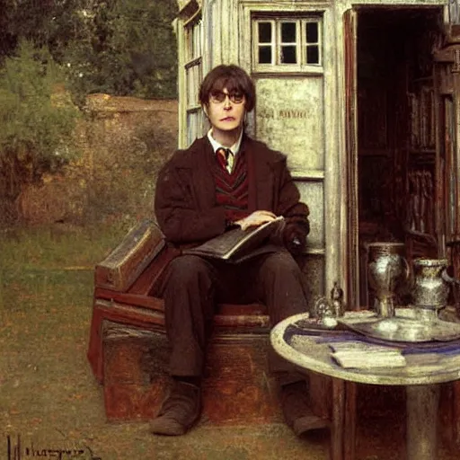 Prompt: harry potter at a tardis console, highly detailed, by jules bastien - lepage, jean - joseph benjamin - constant