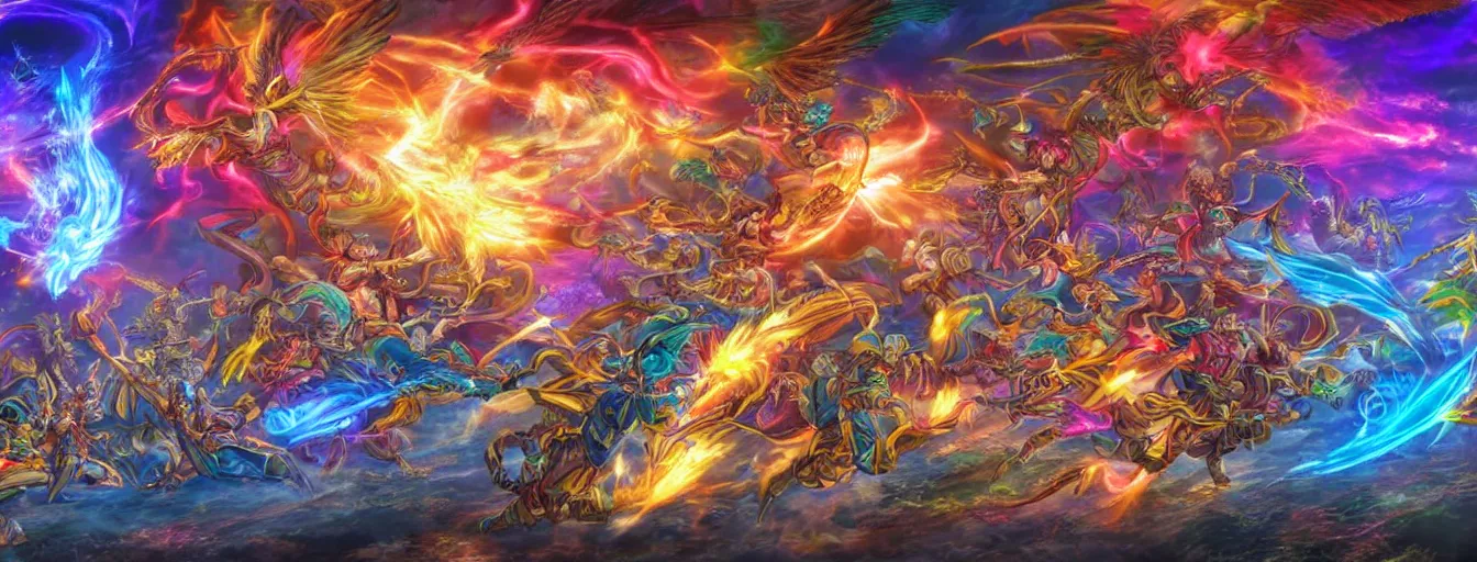 Image similar to a zoomed out panoramic view of rainbow soul fire spirits fighting on the battlefield. hyperrealistic anime background illustration by kim jung gi, colorful, extremely detailed intricate linework, smooth, super sharp focus, bright colors, high contrast, matte, octopath traveler, unreal engine 5 highly rendered, global illumination, radiant light