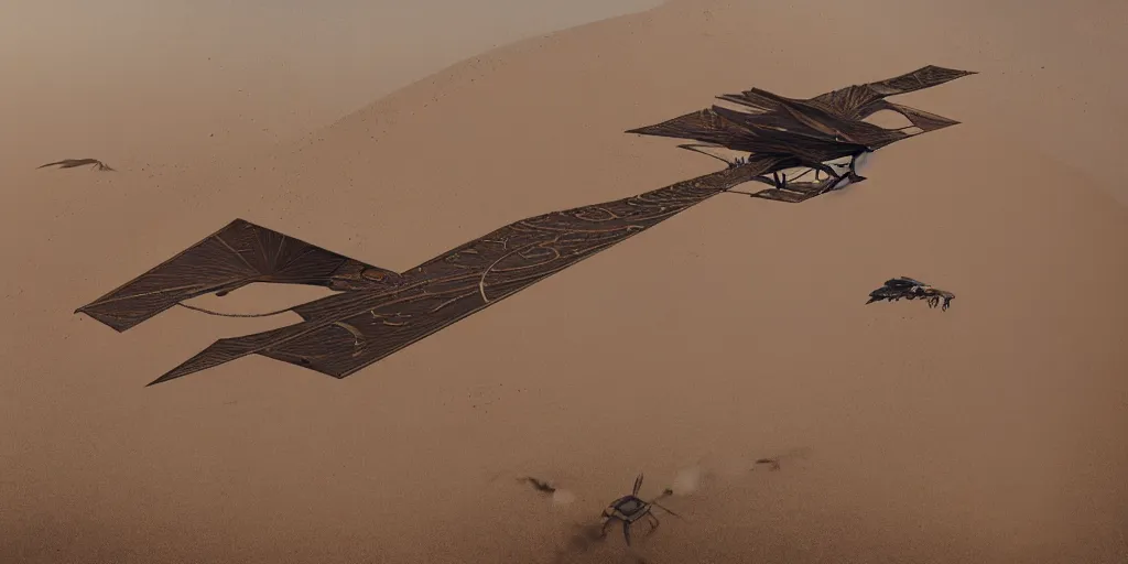 Prompt: a flying ornithopter in the desert surrounded by sand dunes, greg rutkowski, 8 k, shallow depth of field, intricate detail, concept art,