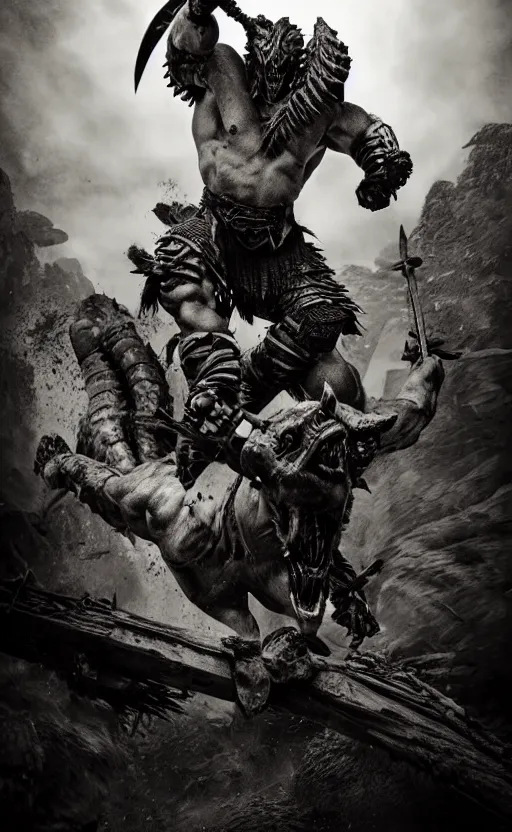 Prompt: vertical movie frame with heavy furious warrior riding ancient wooden atv, inspired by monster hunter and dark fantasy and fashion, muscular body, brutal blooded symmetrical face, epic,dramatic lighting, cinematic, establishing shot, extremely high detail, photorealistic, brutal, provocative , cinematic lighting, artstation, octane render, dark fantasy ,old photo, vintage, black and white, Boris vallejo, sepia, old photography, documentary photography