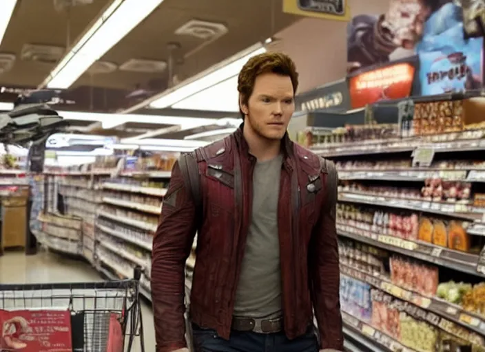 Image similar to film still of Star-Lord played by Chris Pratt shopping in a supermarket in the new Guardians of the Galaxy movie, 4k