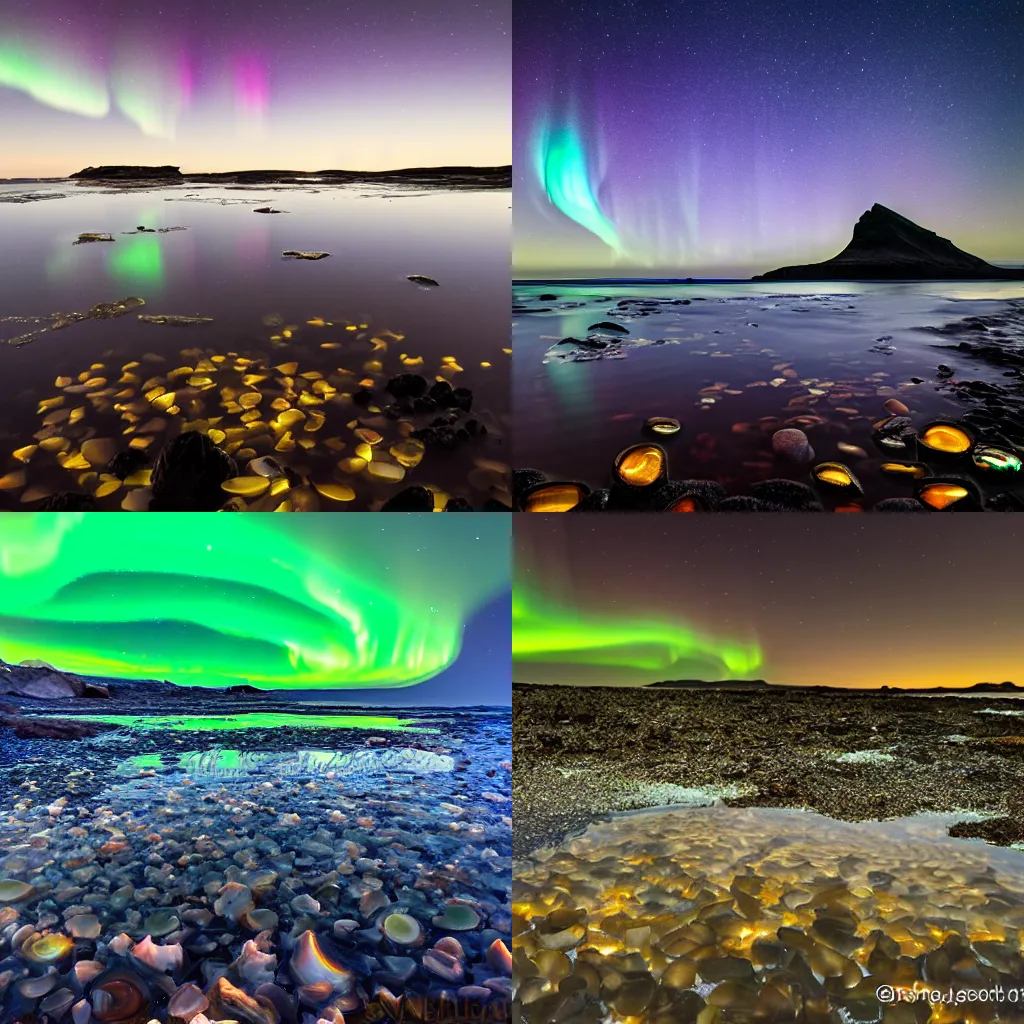 Prompt: tide pool of glowing sea agates with northern lights in the sky at night under a full moon