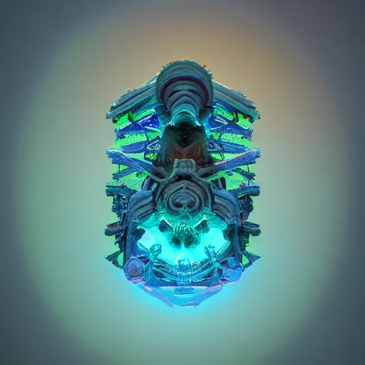 Image similar to ancient construct cursed by the epidote, painted by diego gisbert llorens and charles binger and frank wu and glenn chadbourne, trending on artstation, iridescent cool blue and cyan and red and blue and yellow and green lighting product view sacred geometry, unreal engine, positivism, vaporwave, performance art