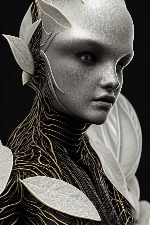 Image similar to bw close - up profile face, black background, beautiful young porcelain vegetal - dragon - cyborg - female, 1 5 0 mm, beautiful natural soft rim light, silver gold details, magnolia leaves and stems, roots, mandelbot fractal, elegant, ultra detailed, white metallic armour, octane render, h. r. giger style