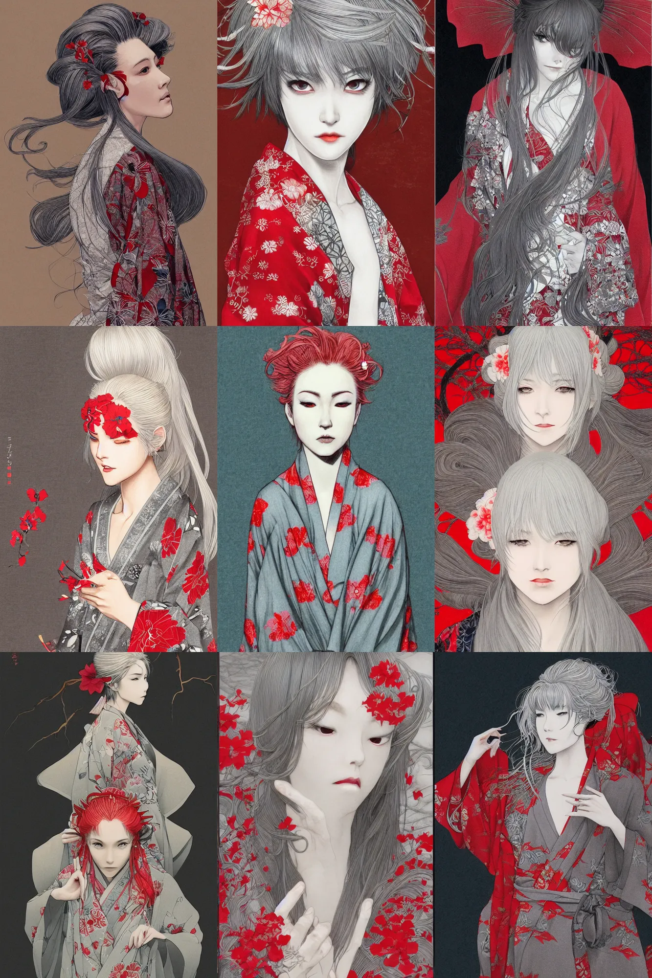 girl, silver hair, red kimono with flower patterns, | Stable Diffusion ...