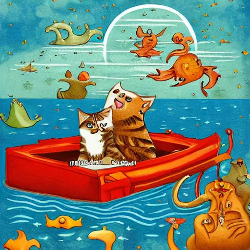 Prompt: cat on boat crossing a body of water in hell with creatures in the water, sea of souls, by studio 4 c