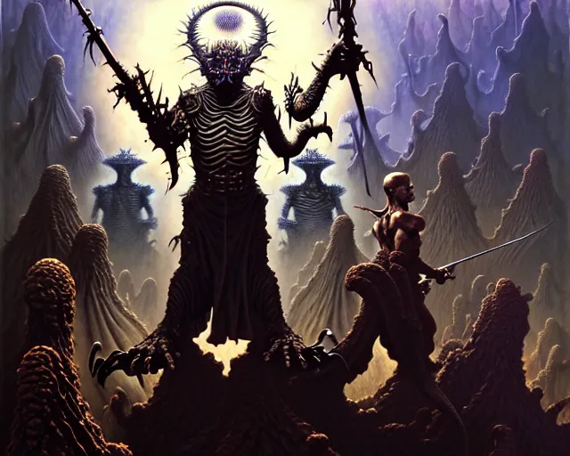 Image similar to the army of darkness and the incarnate of evil, fantasy character portrait made of fractals facing each other, ultra realistic, wide angle, intricate details, the fifth element artifacts, highly detailed by peter mohrbacher, hajime sorayama, wayne barlowe, boris vallejo, aaron horkey, gaston bussiere, craig mullins