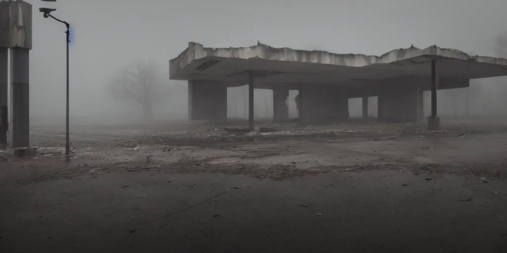 Prompt: a melancholic post-apocalyptic ruins of a gas station, mutants creatures swarming, atmosphere of silent hill, 8k, cinematic lighting, hd wallpaper, fog, Todd Hido, painted by gerhard richter, painted by Marlene Dumas