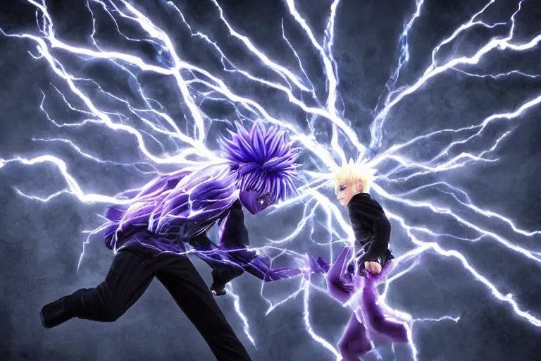 Prompt: killua lightning speed photography by david yarrow anime concept art jojo's bizarre adventure hirohito araki hyperrealistic live action raytracing blue and purple color cgi render