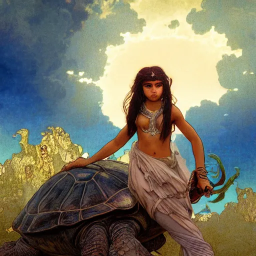 Prompt: a little warrior girl sitting on top of one giant turtle that is walking in the desert. the girl has dark skin and beautiful green eyes, realistic full body and a very beautiful detailed symmetrical face with long black hair. diffuse light, dramatic sky and landscape, long shot fantasy illustration by mucha