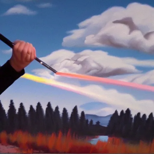 Image similar to a still of Bob ross painting chemtrails in the style of bob ross