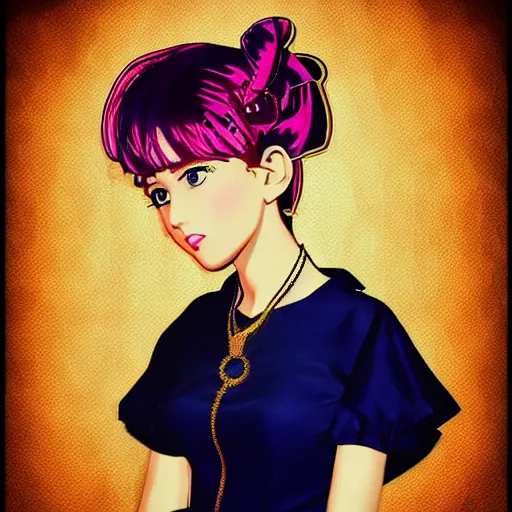Image similar to beautiful little girl, profile picture, vintage fashion, highly detailed, reflection, 8 k, realistic artwork, hd, inspired by jojo bizarre adventure, 9 0 s anime art style