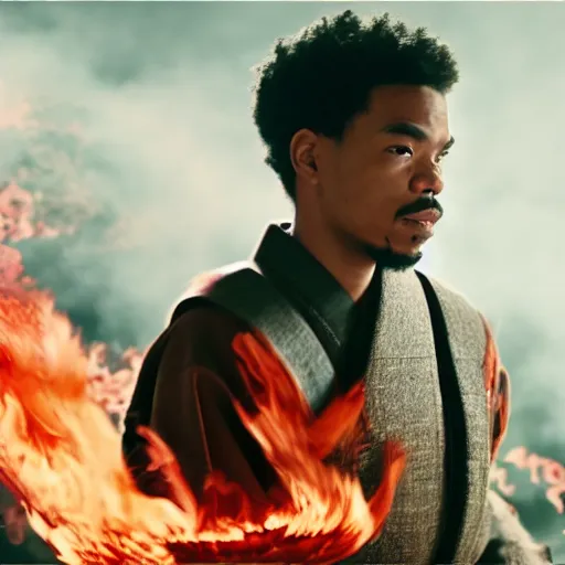 Image similar to cinematic film still of Chance The Rapper starring as a Samurai holding fire, Japanese CGI, VFX, 2022, 40mm lens, shallow depth of field, film photography