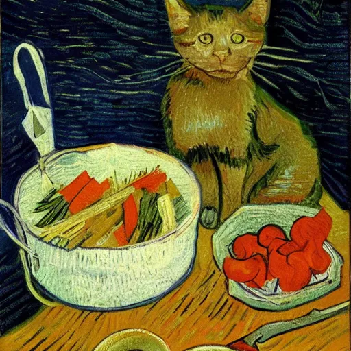 Image similar to the cat cooks soup, stirring a pot with a ladle and cutting vegetables, oil painting, drawn by Van Gogh