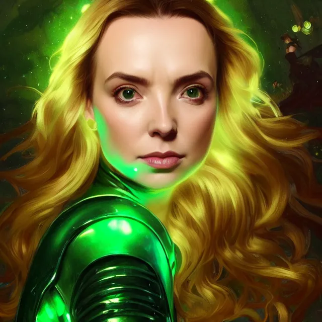 Prompt: close up portrait of jodie comer wearing shiny emerald armor, glowing blonde hair, glowing green eyes, glowing green armor, subsurface scattering, ethereal, artistic, temple background with light rays, fantasy atmosphere. art by artgerm, greg rutkowski and alphonse mucha, 3 d artstation octane render,