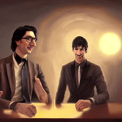 Image similar to photo booth, john oliver with adam driver, john oliver in front, adam driver behind, john oliver, stylized, centered, dark, smokey, fantasy, intricate, elegant, highly detailed, digital painting, deviant art, art by artgerm, art by greg rutkowski, art by alphonse