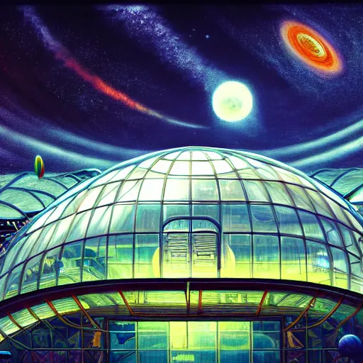 Image similar to a cinematic view of a space habitat colony, large indoor greenhouse with exotic plants, retrofuturism, scifi art, oil on canvas, biodome, stars in the sky above, details, hyper - detailed, hd, hdr, 4 k, 8 k