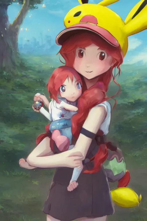 portrait of cute pokemon trainer girl with vibrant red, Stable Diffusion