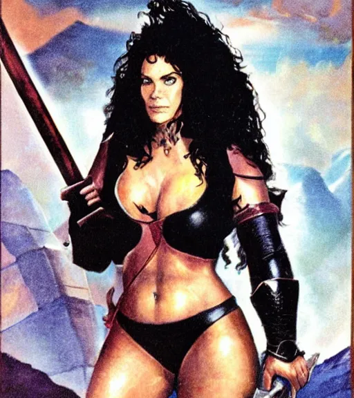 Prompt: 1 9 8 0 s fantasy novel book cover, bbw plus size amazonian young courtney cox in extremely tight bikini armor wielding a cartoonishly large sword, exaggerated body features, dark and smoky background, low quality print