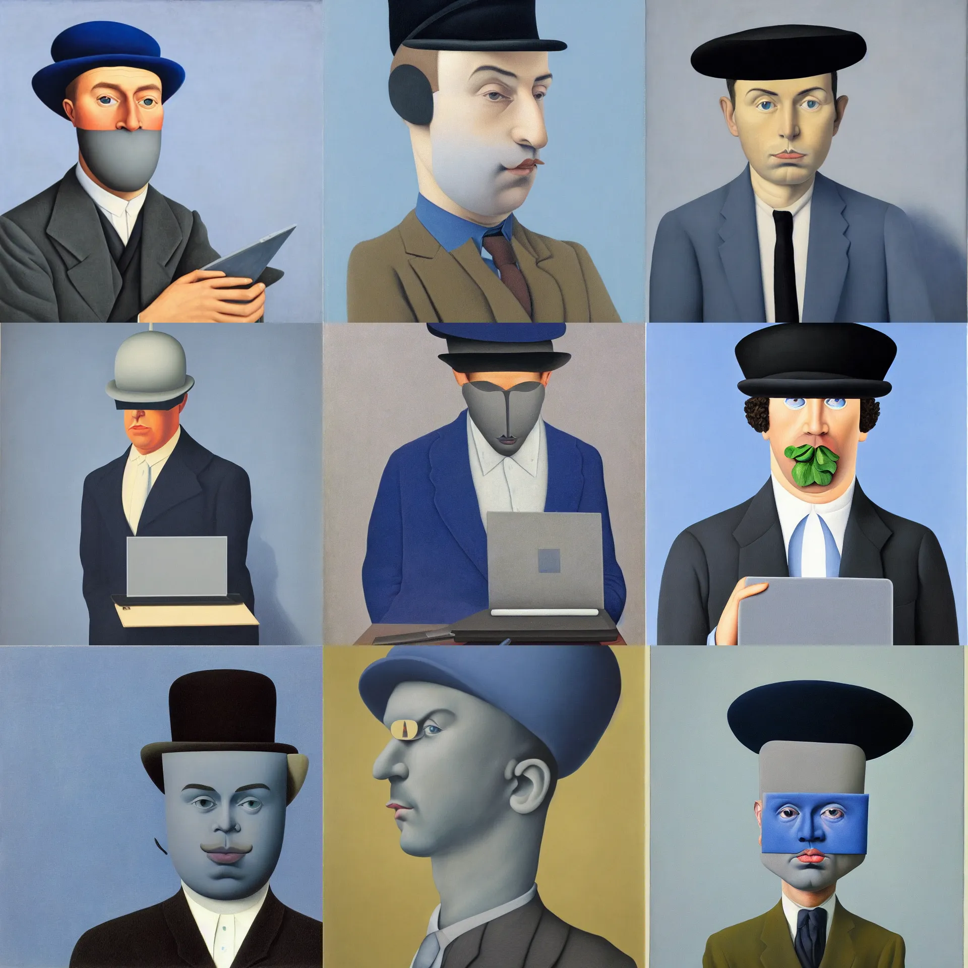 Prompt: front view portrait of a man with a laptop on his face, wearing a hat, blue / grey background, painted by rene magritte