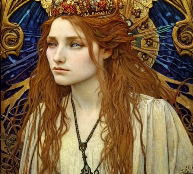 Image similar to detailed realistic beautiful young medieval queen face portrait by jean delville, alphonse mucha, vincent van gogh, and marco mazzoni, art nouveau, symbolist, visionary, gothic, pre - raphaelite