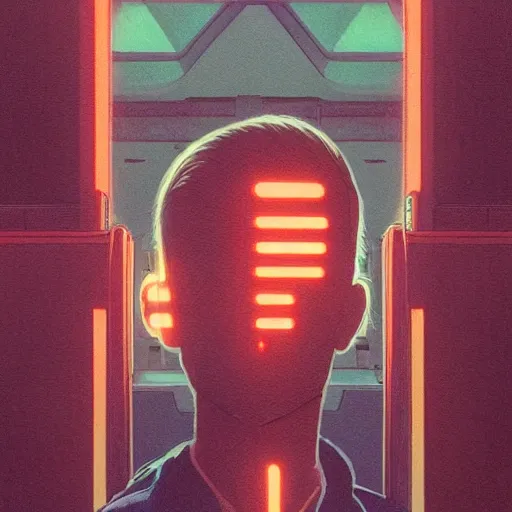 Image similar to a portrait of a cyberpunk man staring at the camera with dramatic lighting, by kawase hasui, moebius, edward hopper, colorful flat surreal design, hd, 8 k, trending on artstation