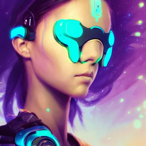 Prompt: portrait of a beautiful cybernetic raver girl wearing a vr headset, cyberpunk concept art by pete mohrbacher and artgerm and wlop and deathburger, digital art, highly detailed, intricate, fantasy, mystical, sharp focus, Trending on Artstation HQ, deviantart, unreal engine 5, 4K UHD image