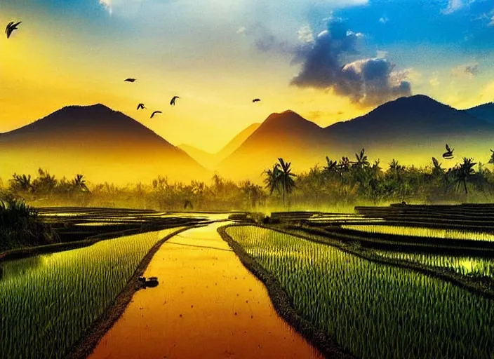 Prompt: a road between rice paddy fields, two big mountains in the background, big yellow sun rising between 2 mountains, flocks of birds in the sky, indonesia national geographic, award winning dramatic painting