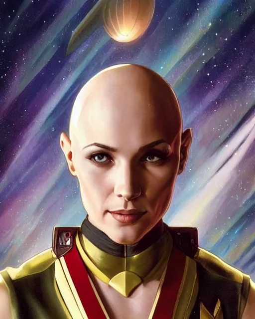 Prompt: a bald serbian!!! young woman as a star trek captain, a still from star trek painted by artgerm and greg rutkowski and alphonse mucha. clear highly detailed face, beautiful sci fi art