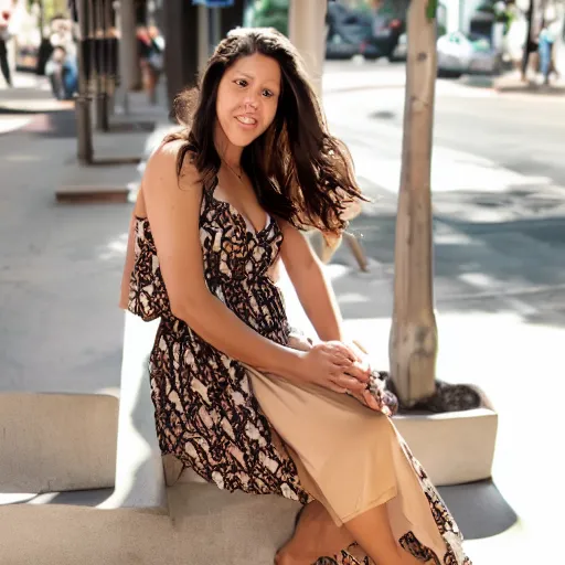 Prompt: photo of a beautiful, attractive brown hair woman, wearing a sundress, in downtown Los Angeles