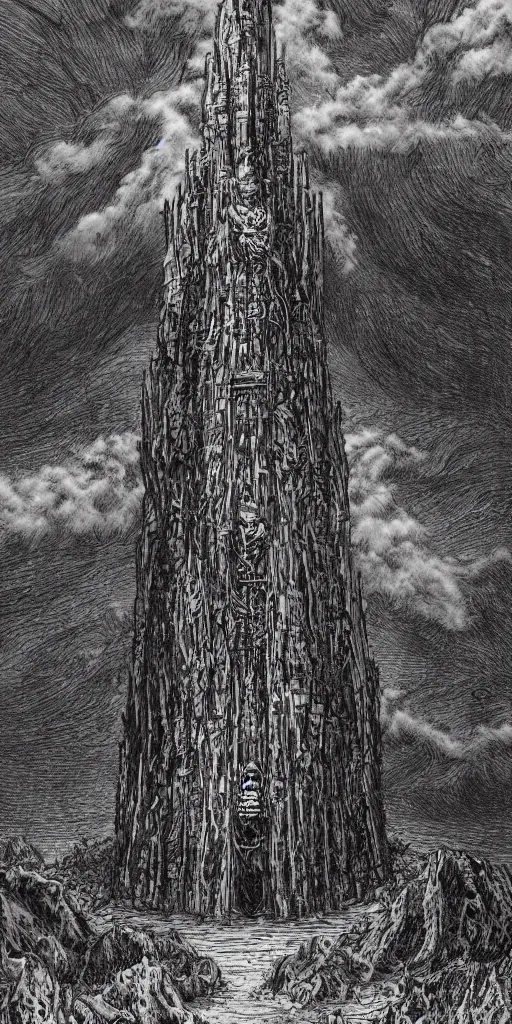 Prompt: a dark tower on a hill surrounded by a dark forest , high fantasy, drawn by Kentaro Miura