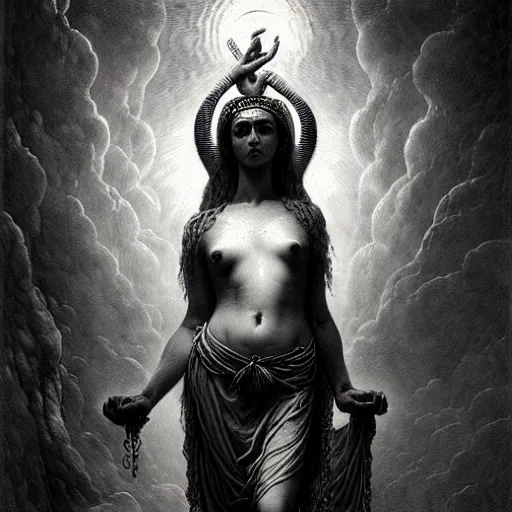 Image similar to marana slavic goddess with six arms : by gustave dore and greg rutkowski and wlop, mystic high contrast monochromatic noir