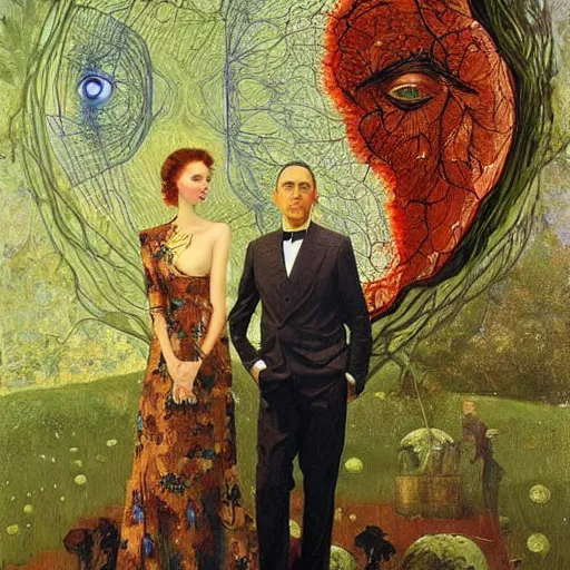 Prompt: a beautiful portrait of two lovers wearing a suit made of nervous system, channeling third eye energy, surrounded by a background of cyber mystic garden of earthly delights, painting part by wojciech siudmak, part by ilya repin, part by norman rockwell, artstation