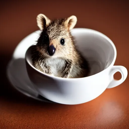 Image similar to baby quokka in a teacup, photography, minimalistic, 8 k