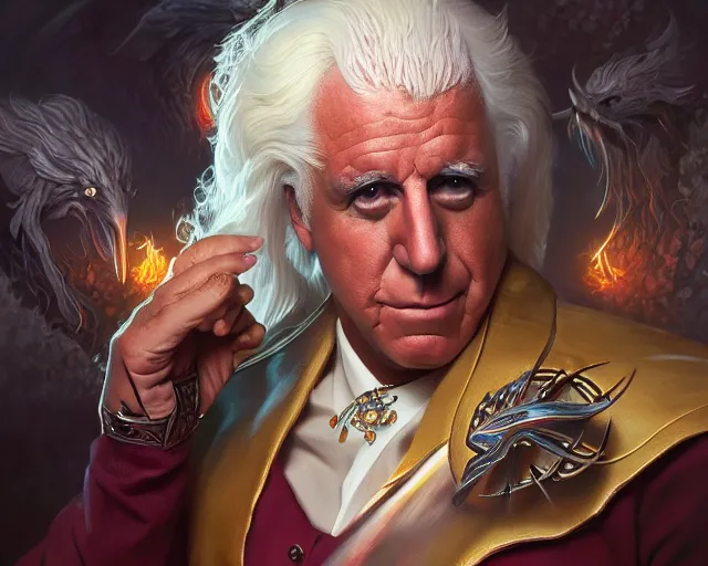 Image similar to photography of ric flair, deep focus, d & d, fantasy, intricate, elegant, highly detailed, digital painting, artstation, concept art, matte, sharp focus, illustration, hearthstone, art by artgerm and greg rutkowski and alphonse mucha