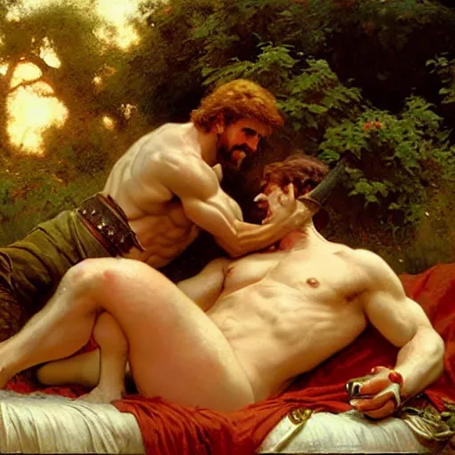 Prompt: ares tickles achilles the champion with a feather on a bed of pillows in a meadow,!!! dionysus drinks wine in the background she is smirking!!!, painting by gaston bussiere, craig mullins, j. c. leyendecker, tom of finland