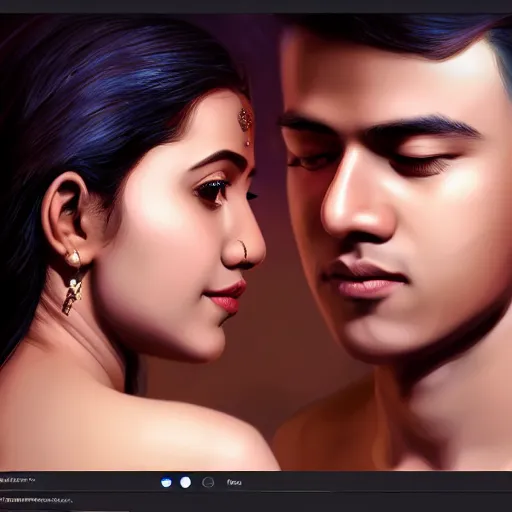 Prompt: theatrical press release ; beautiful young assamese couple romancing ; stunning digital artwork by artgerm ; cinematic movie pose ; photorealistic, hyperrealistic, dramatic soft rim light ; highly detailed ; face by wlop ; trending on artstation ; cinematography from music video ; symmetrical, high coherence