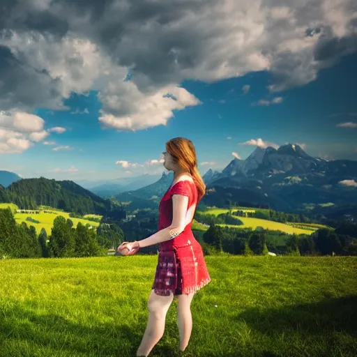 Image similar to a beautiful photograph of a girl with switzerland landscape in the background with trees, hdr, 8 k, high quality, sharp focus, artstation, highly detailed, award - winning, dramatic lighting, beautiful clouds, and nature