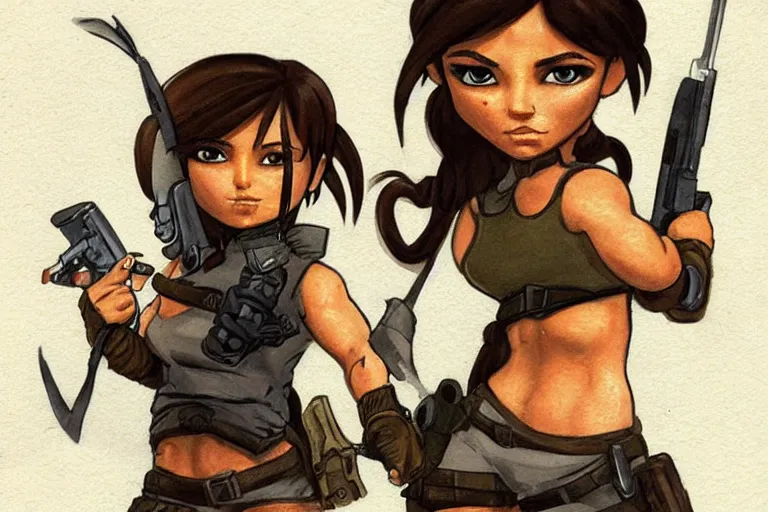 Image similar to Chibi version of Lara Croft in the style of Boris Vallejo