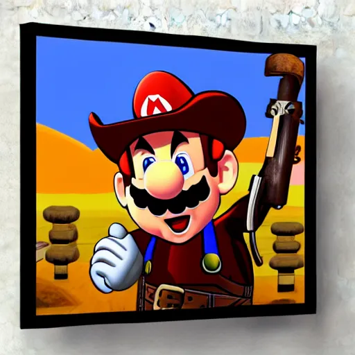 Image similar to mario dressed as a cowboy fighting outlaws in the wild west oil painted