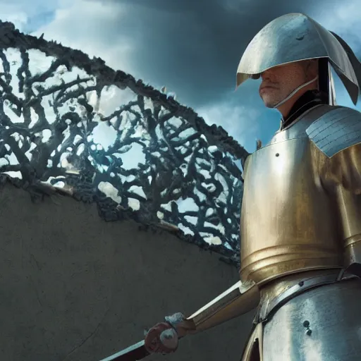 Image similar to miyazaki in a full medieval armor, looking at viewer, very detailed, octane render, portrait photography