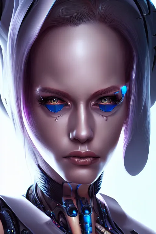 Image similar to portrait of a cyberpunk woman with biomechanichal parts by Artgerm, hyper detailled, trending on artstation