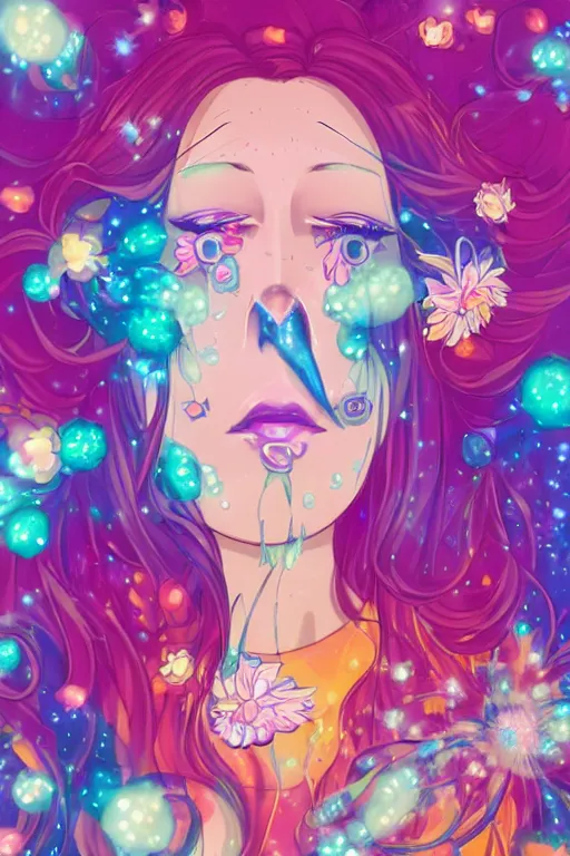 Image similar to psychedelic, whimsical, anime, 4k, beautiful intimate woman blowing smoke, with professional makeup, long trippy hair, a crystal and flower dress, sitting in a reflective pool, surrounded by gems, underneath the stars, rainbow fireflies, trending on patreon, deviantart, twitter, artstation, volumetric lighting, heavy contrast, art style of Ross Tran and Ilya Kuvshinov