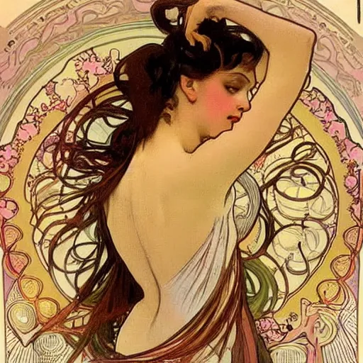 Image similar to ballerina, painted by alphonse mucha