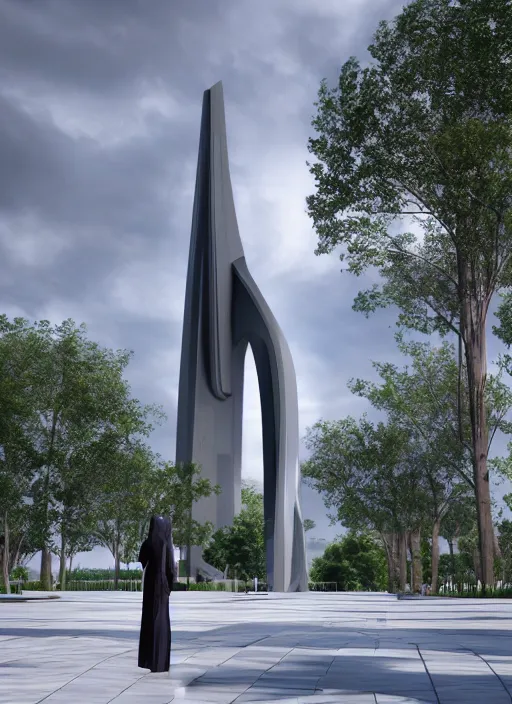 Image similar to highly detailed realistic architecture 3 d render of a futuristic tall stele monument in zaha hadid style standing in city park, archdaily, made in unreal engine 4 octane render
