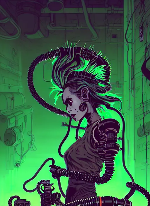 Prompt: highly detailed portrait of an moody wasteland punk long dripping green poison hair tribal lady, stray black rubber hoses by atey ghailan, james gilleard, by joe fenton, by greg rutkowski, by greg tocchini, by kaethe butcher, 4 k resolution, gradient purple, brown black and white color scheme!!! ( ( green flaming robotic sewer background ) )