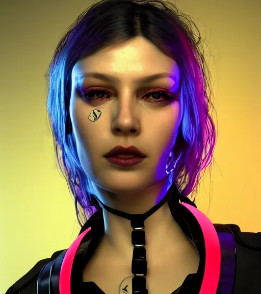 Image similar to detailed realistic female character cyberpunk wearing thick technological collar around neck, realistic, art, beautiful, 4K, collar, choker, collar around neck, punk, artstation, detailed, female, woman, choker, cyberpunk, neon, punk, collar, choker, collar around neck, thick collar, tight around neck, punk,