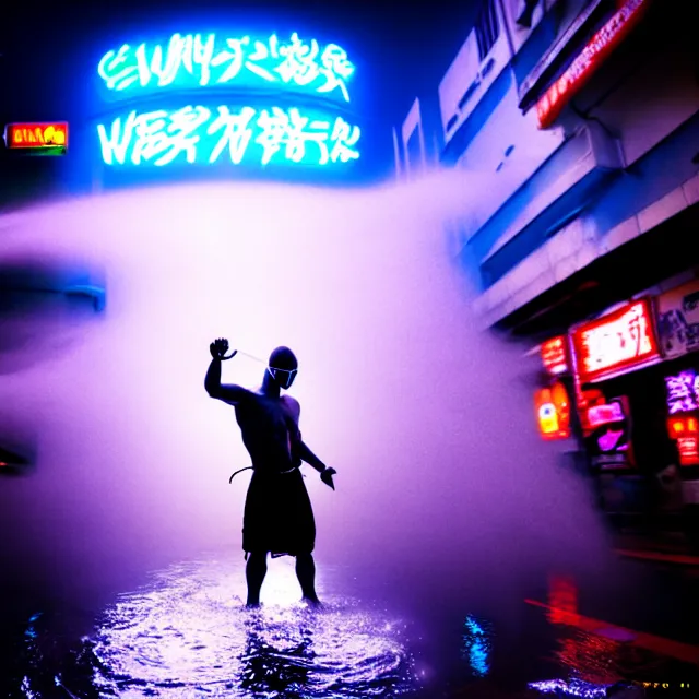 Image similar to cyber monks fight water dance supreme water fist, detailed animal form water, fighting stance energy, shibuya prefecture, cinematic neon uplighting, fog mist smoke, photorealistic, night photography by tomino - sama